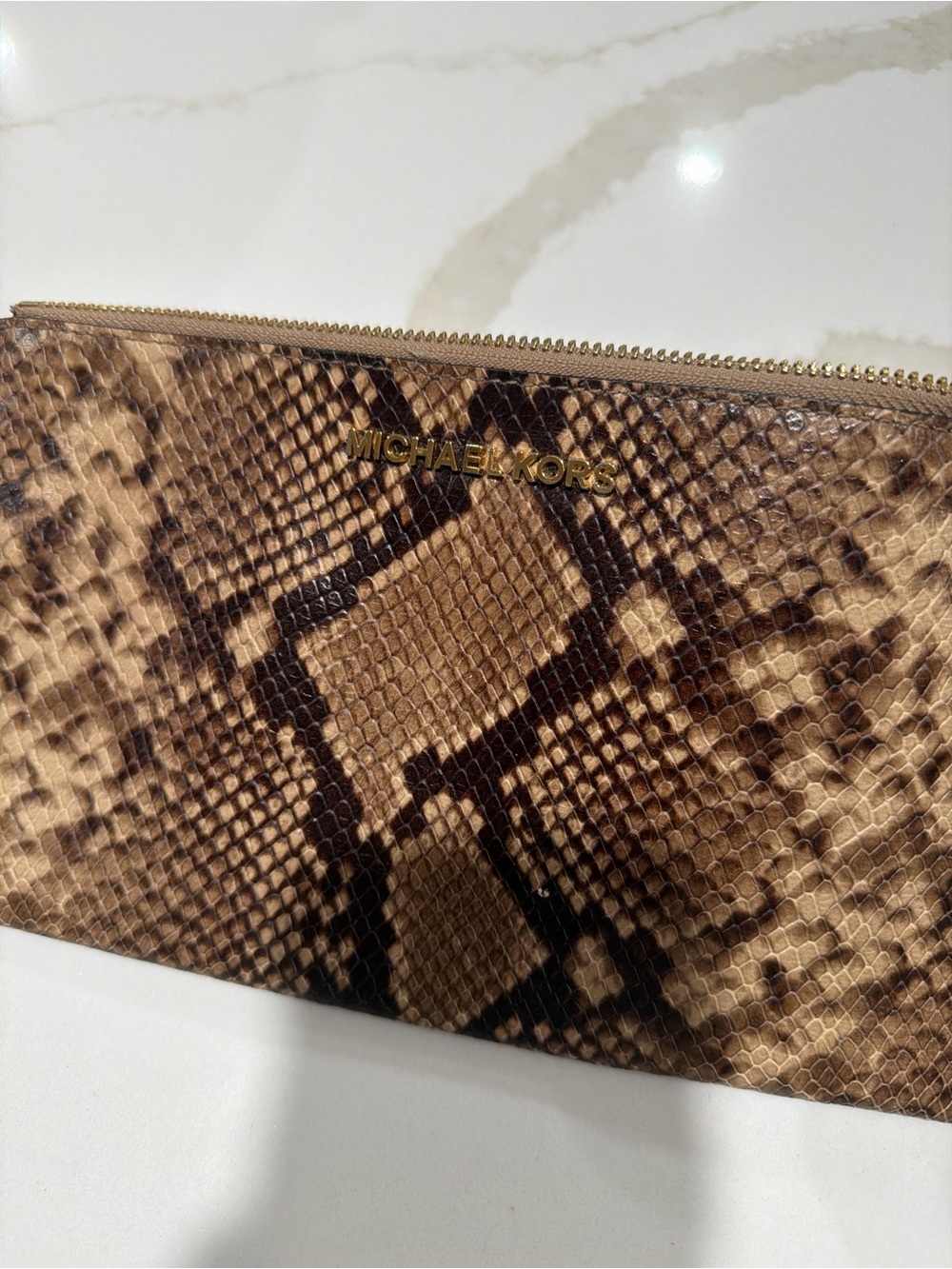 Michael Kors Brown Snakeskin-Print Zip Clutch with Gold Logo